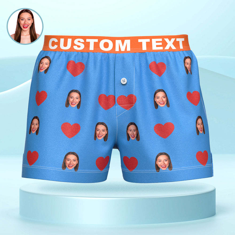 Custom Face Red Heart Design Boxer Shorts with Personalized Text on the Waistband Personalized Underwear for Him - MyFaceSocksAu