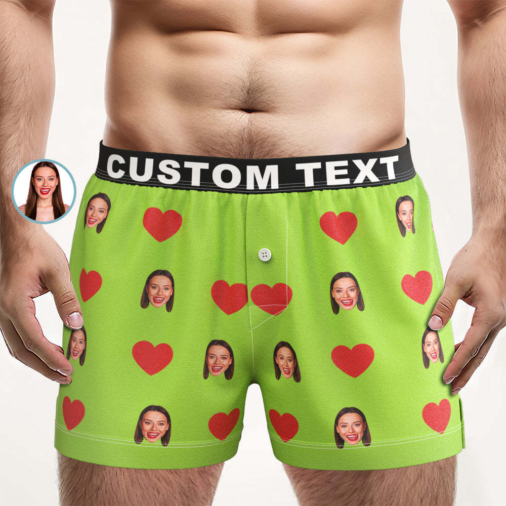 Custom Face Red Heart Design Boxer Shorts with Personalized Text on the Waistband Personalized Underwear for Him - MyFaceSocksAu