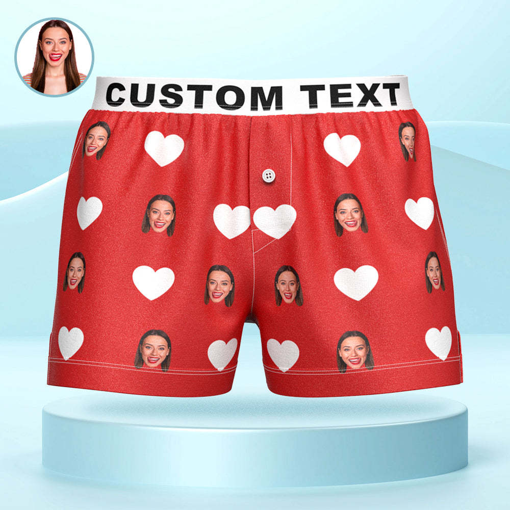 Custom Face Red Heart Design Boxer Shorts with Personalized Text on the Waistband Personalized Underwear for Him - MyFaceSocksAu