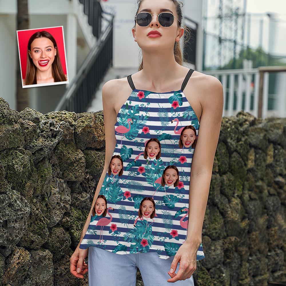 Custom Face Women's Strappy Camisoles Summer Sexy Loose Cute Tanks Tops - Hawaiian Flamingo - MyFaceSocksAu