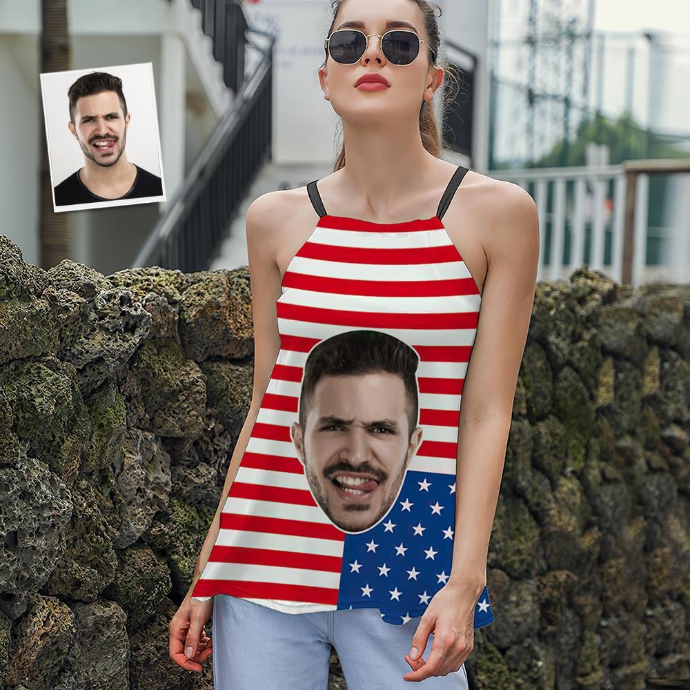 Custom Face Women's Strappy Camisoles Summer Sexy Loose Cute Tanks Tops - USA Flag - MyFaceSocksAu