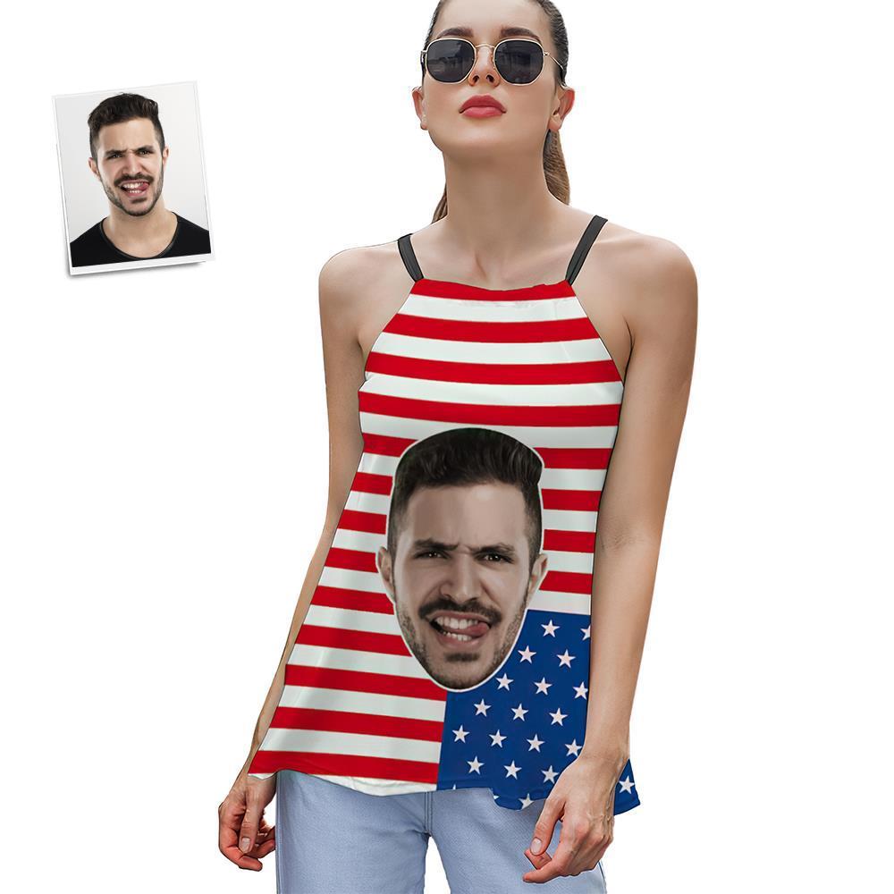 Custom Face Women's Strappy Camisoles Summer Sexy Loose Cute Tanks Tops - USA Flag - MyFaceSocksAu