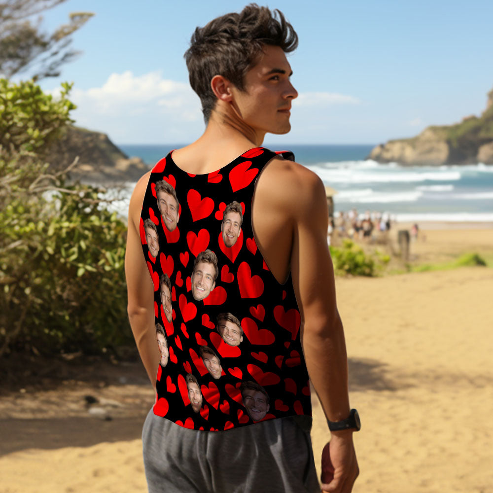 Custom Face Tank Tops Men's Sleeveless Shirt Red Hearts Valentine's Day Gifts