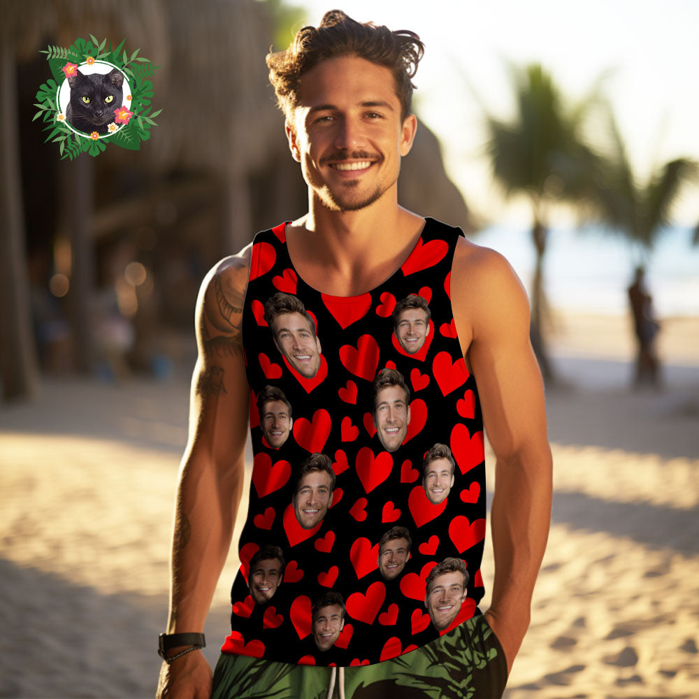 Custom Face Tank Tops Men's Sleeveless Shirt Red Hearts Valentine's Day Gifts