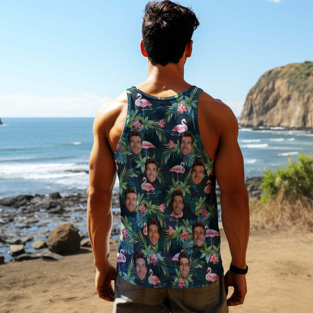 Custom Face Tank Tops Men's Sleeveless Shirt Leaves & Flamingo - MyFaceSocksAu