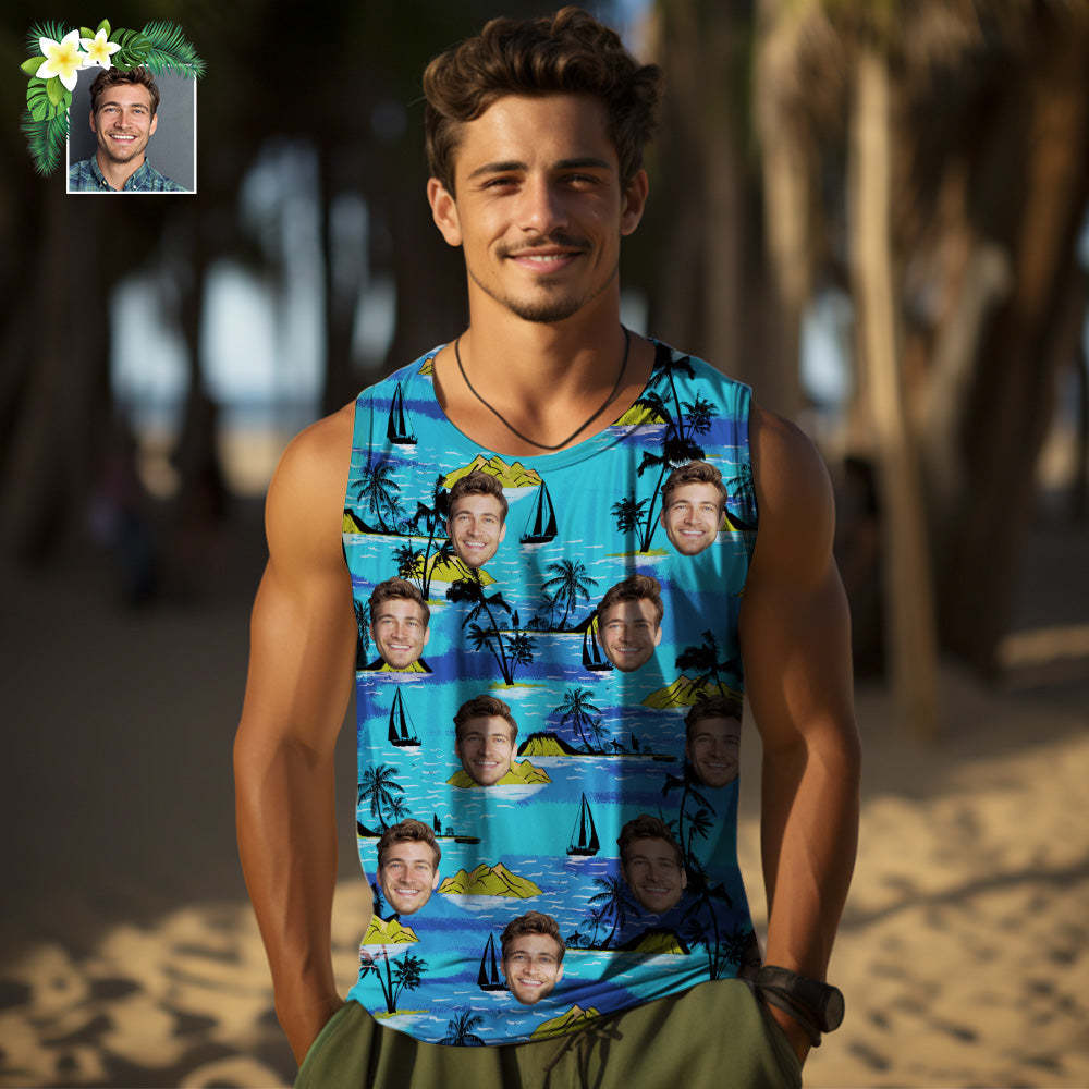 Custom Thick Face Tank Tops Men's Sleeveless Shirt Large Leaves - MyFaceSocksAu