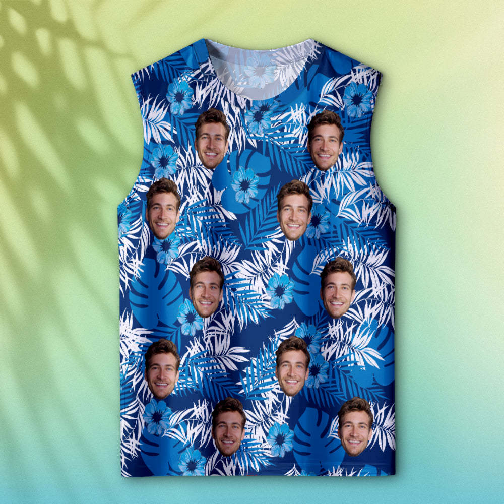 Custom Thick Face Tank Tops Men's Sleeveless Shirt All Over Print Blue - MyFaceSocksAu