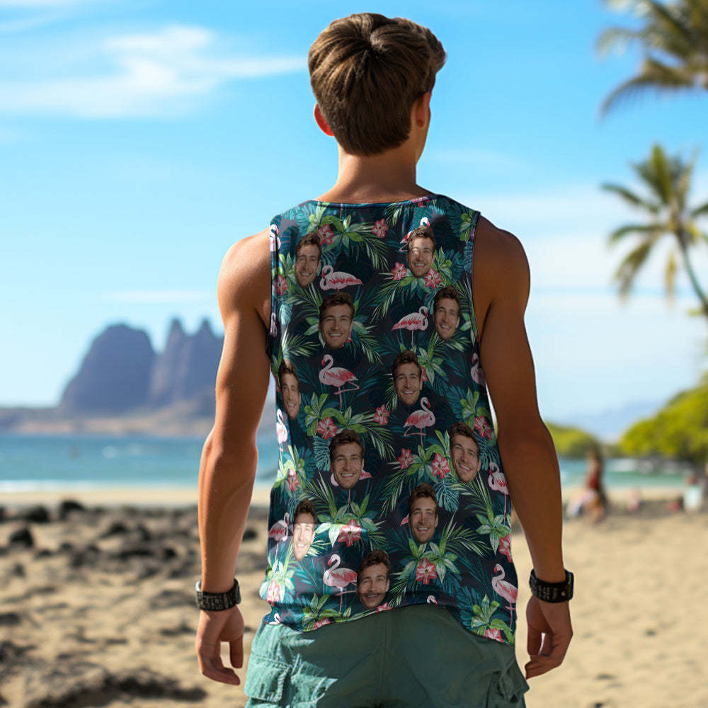 Custom Thick Face Tank Tops Men's Sleeveless Shirt Leaves & Flamingo - MyFaceSocksAu