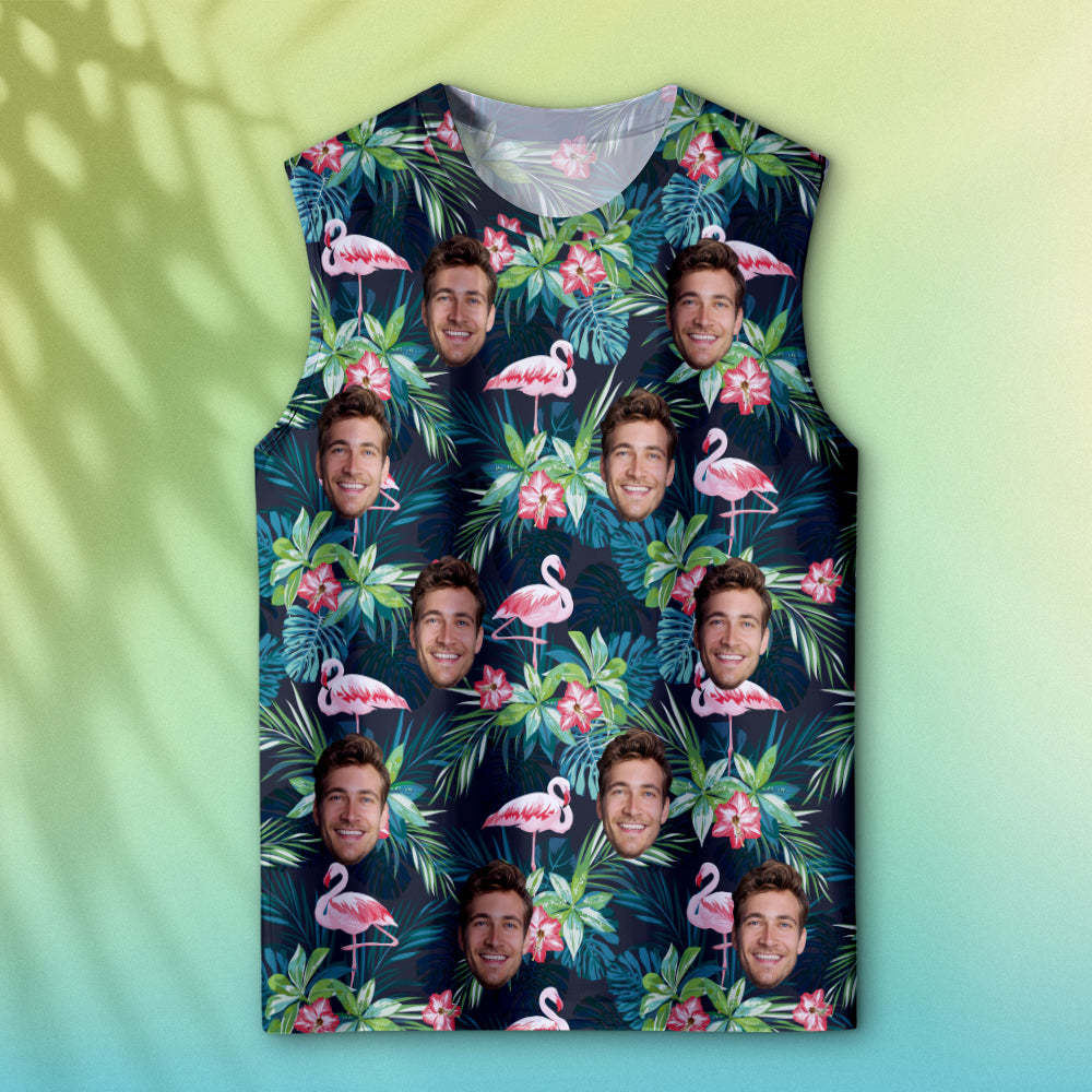 Custom Thick Face Tank Tops Men's Sleeveless Shirt Leaves & Flamingo - MyFaceSocksAu