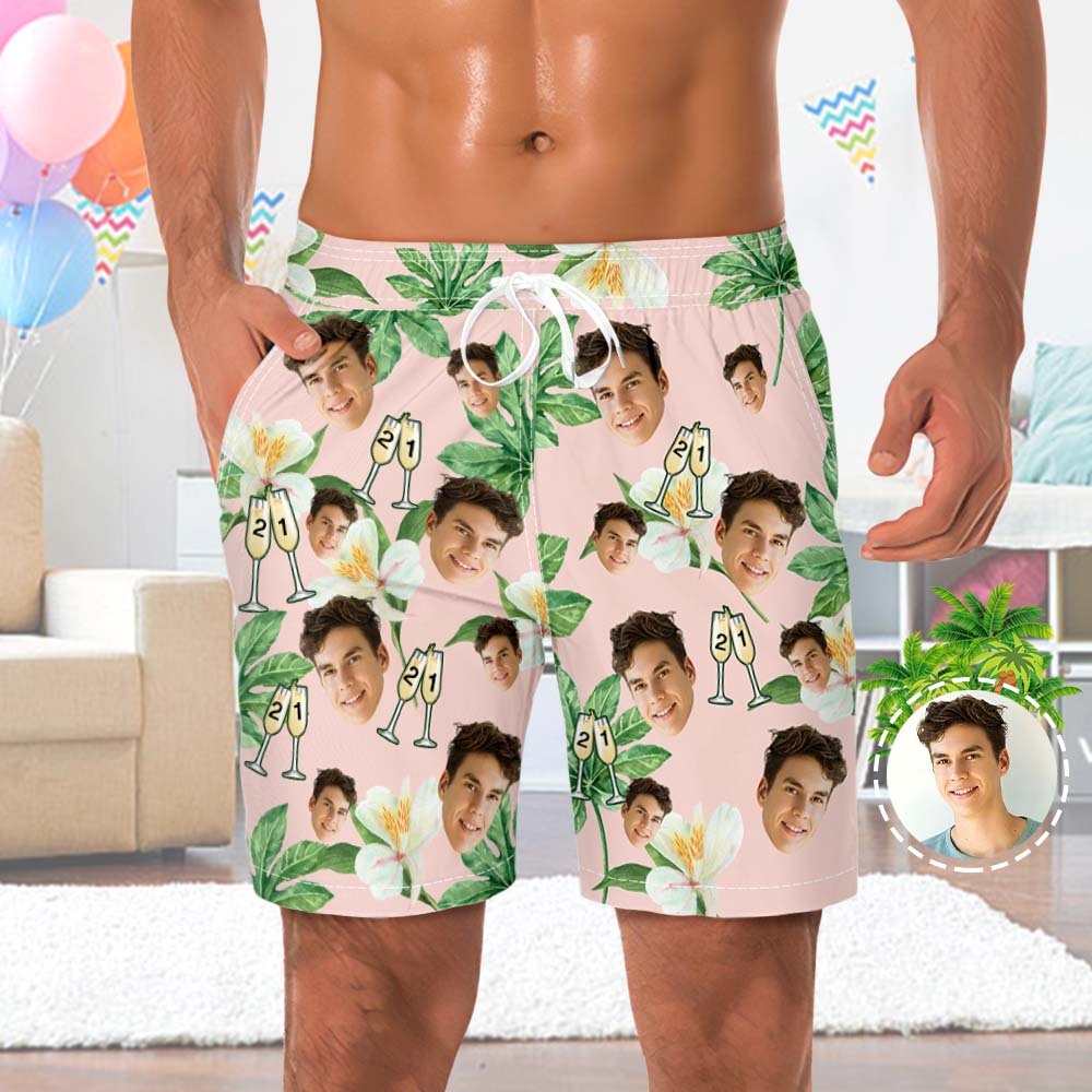 Custom Face Beach Shorts Number in Wine Glass Pink And Green Sleeves Face Beach Trunks Gift for Him - MyFaceSocksAu