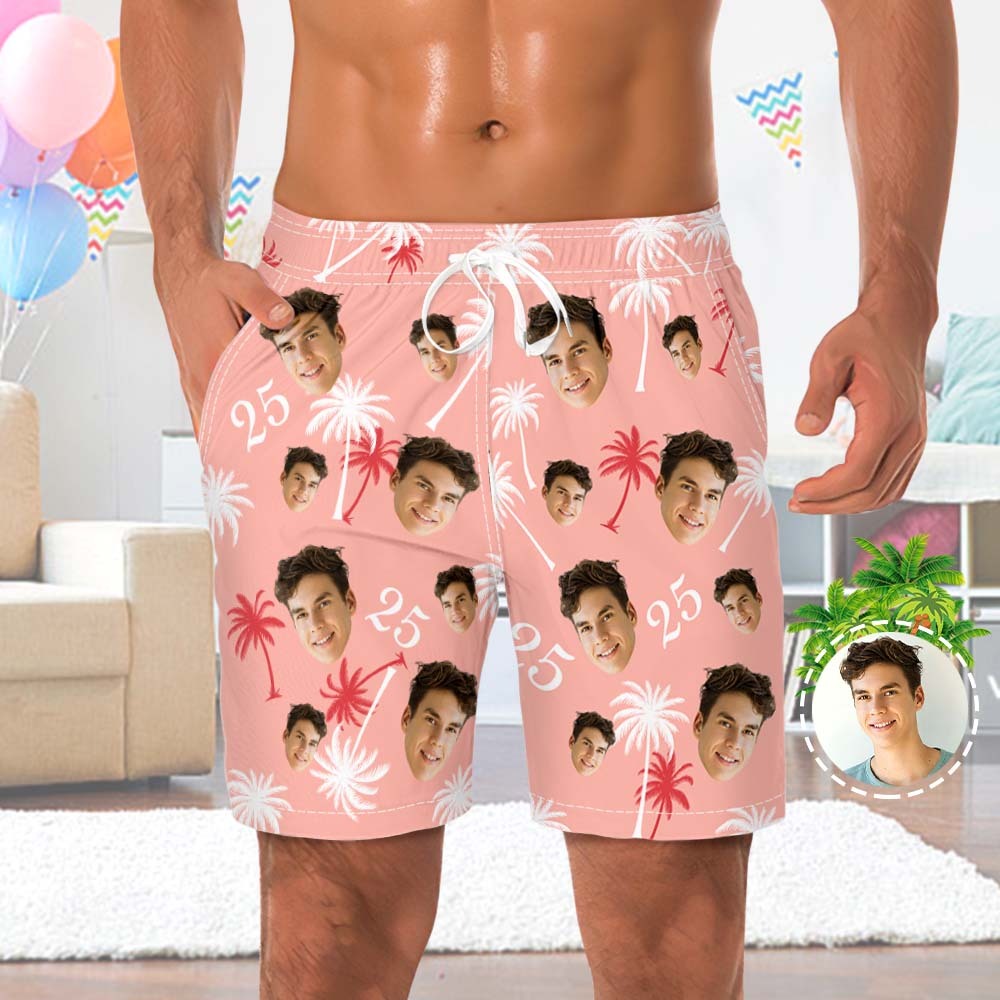 Custom Face And Number Birthday Beach Shorts Red And White Coconut Tree Beach Trunks - MyFaceSocksAu