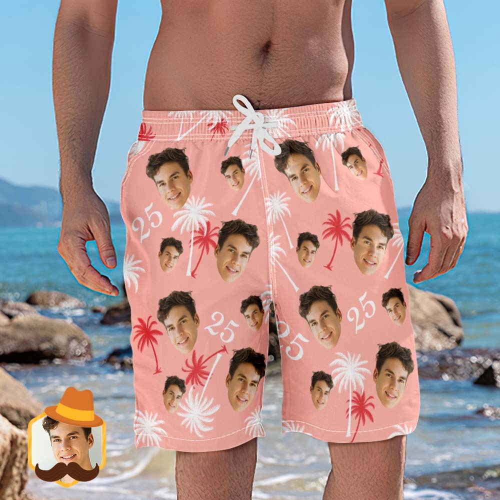 Custom Face And Number Birthday Beach Shorts Red And White Coconut Tree Beach Trunks - MyFaceSocksAu