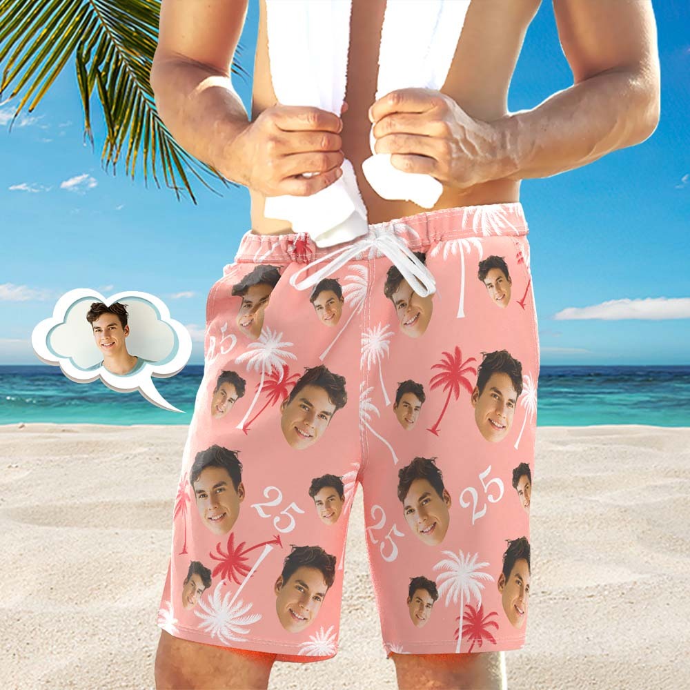 Custom Face And Number Birthday Beach Shorts Red And White Coconut Tree Beach Trunks - MyFaceSocksAu