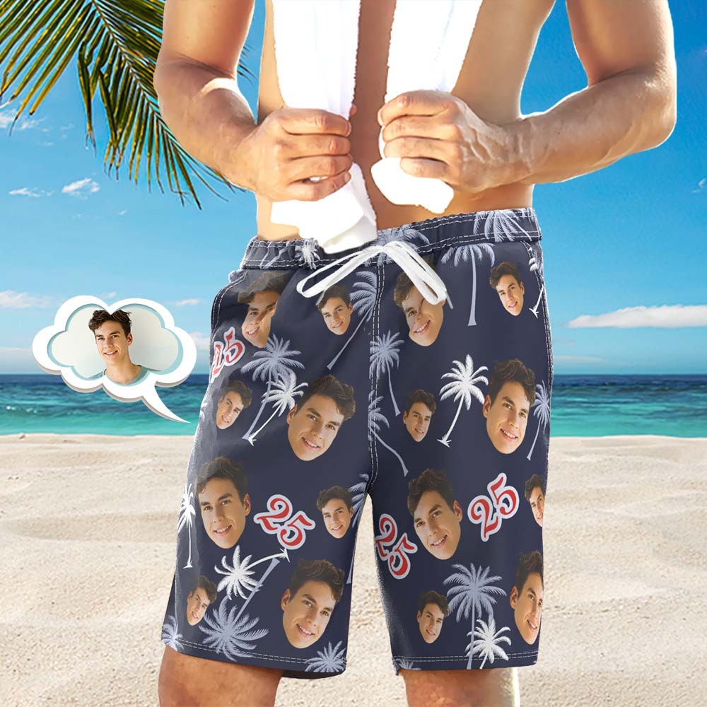 Custom Face And Number Birthday Beach Shorts Red And White Coconut Tree Beach Trunks - MyFaceSocksAu