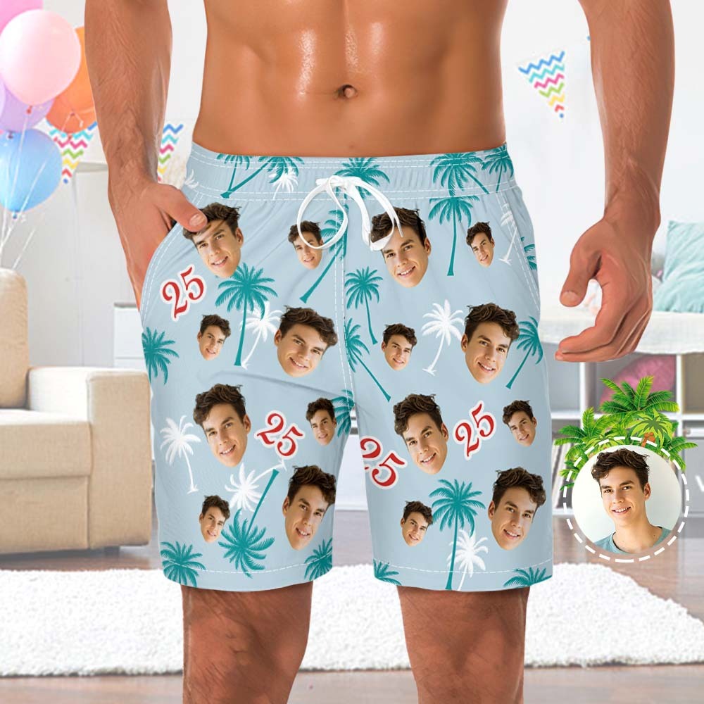 Custom Face And Number Birthday Beach Shorts Red And White Coconut Tree Beach Trunks - MyFaceSocksAu