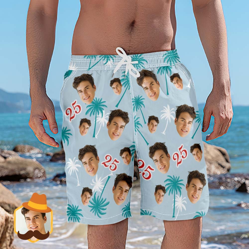 Custom Face And Number Birthday Beach Shorts Red And White Coconut Tree Beach Trunks - MyFaceSocksAu