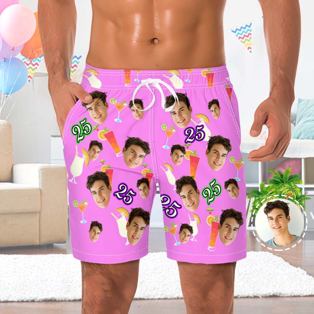 Custom Pink Face And Age Beach Shorts Desserts and Drinks Beach Trunks - MyFaceSocksAu