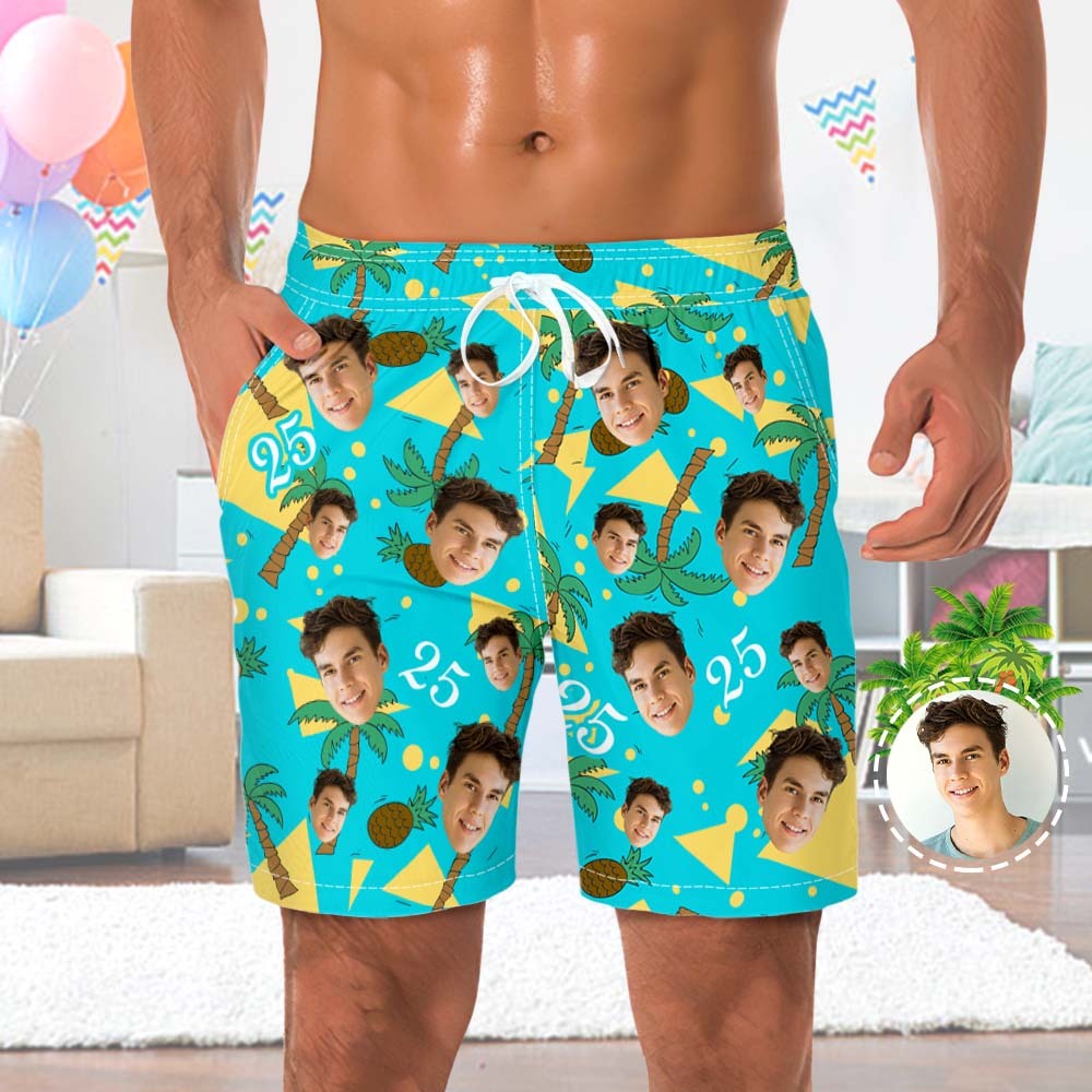 Custom Face And Number Beach Shorts Coconut And Pineapple Multicolor Beach Shorts - MyFaceSocksAu