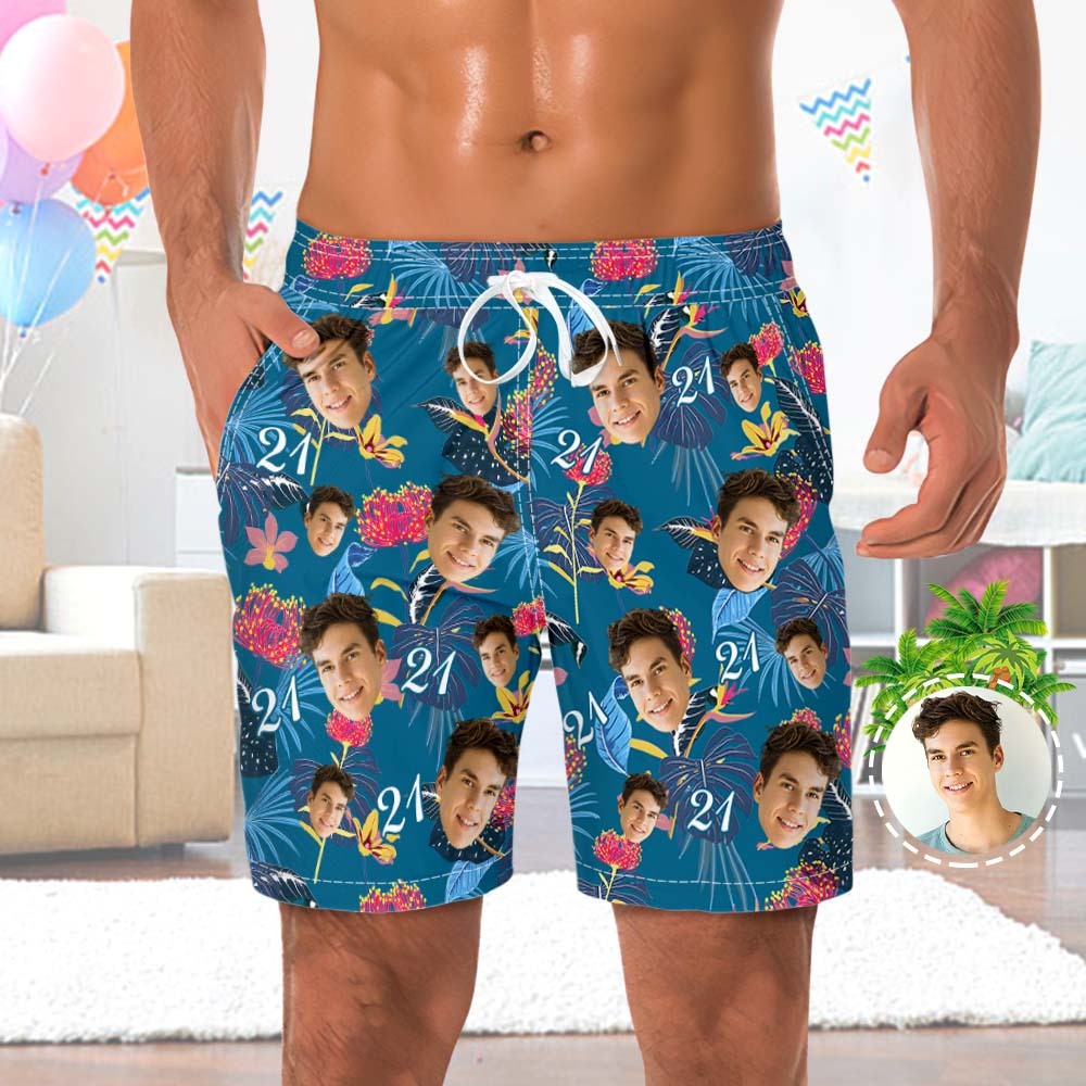 Custom Face Beach Shorts Number And Face Beach Shorts Dark Blue Sleeves And Pink Flowers - MyFaceSocksAu