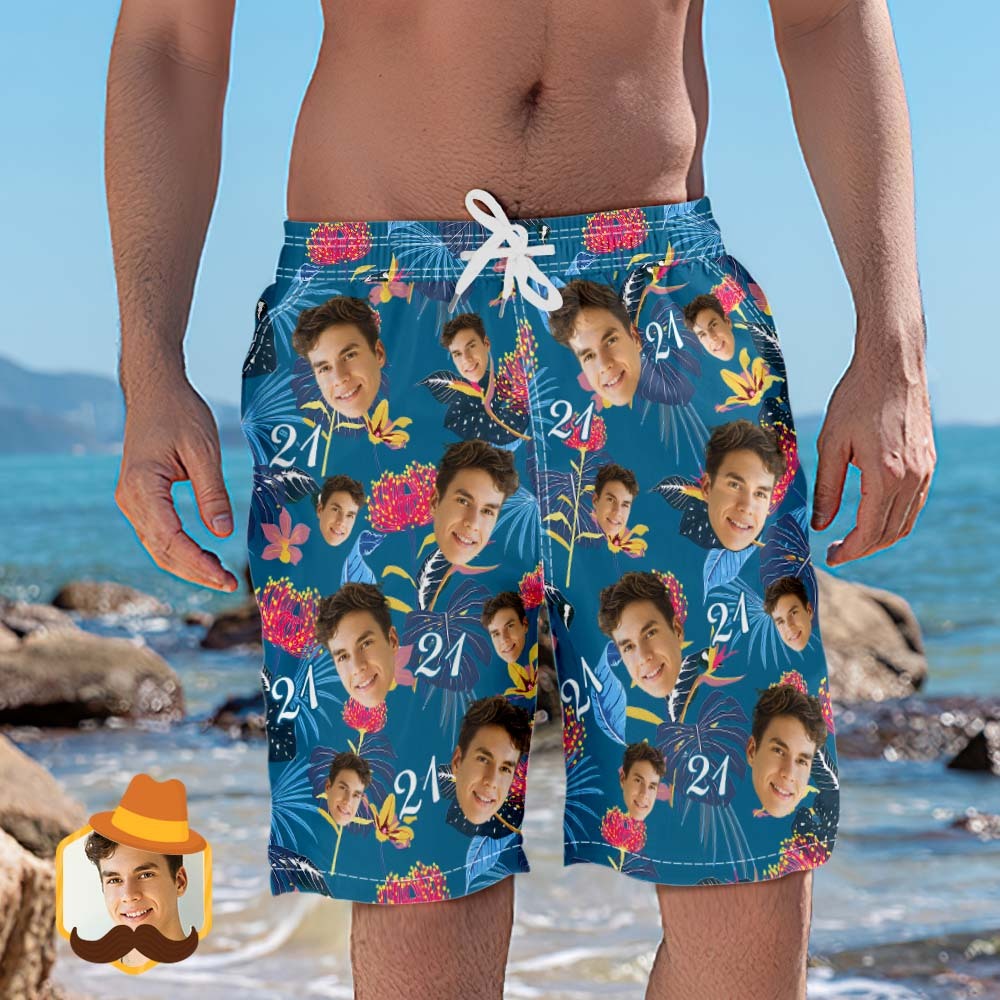 Custom Face Beach Shorts Number And Face Beach Shorts Dark Blue Sleeves And Pink Flowers - MyFaceSocksAu
