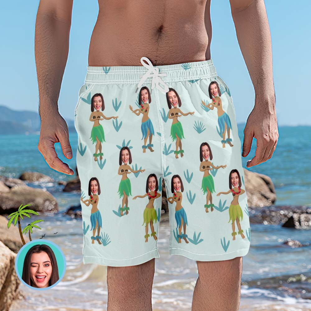 Personalized Beach Shorts for Men Hula Style Custom Face Swim Trunks - MyFaceSocksAu