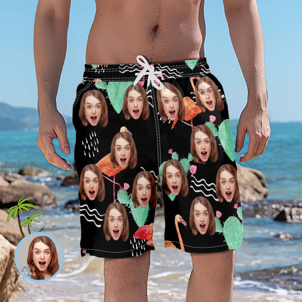 Personalized Beach Shorts for Men with Flamingos and Cacti Custom Face Swim Trunks - MyFaceSocksAu