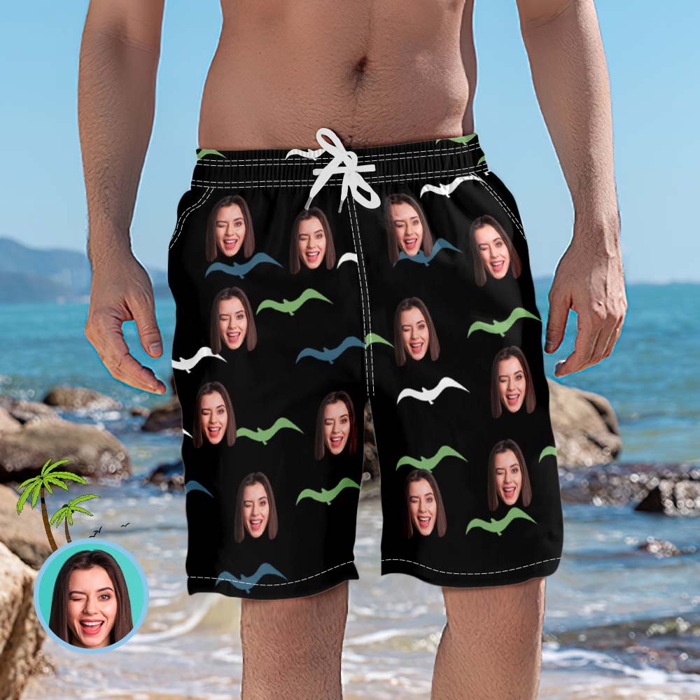 Custom Face Swim Trunks Personalized Black Beach Shorts with Seagull Funny Men's Casual Shorts - MyFaceSocksAu