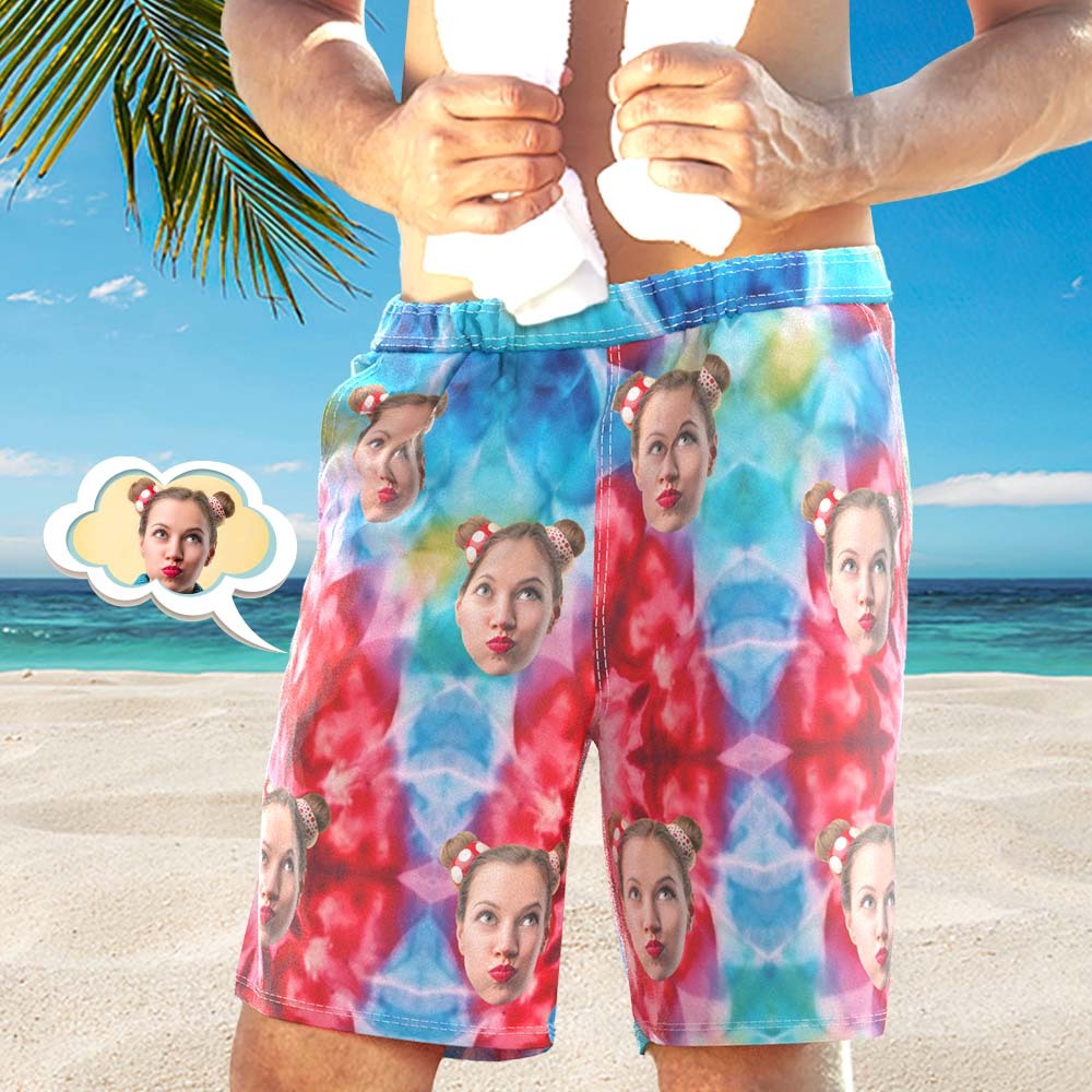 Custom Face Photo Men's Swim Trunk Water Shorts Summer Tie Dye Red - MyFaceSocksAu