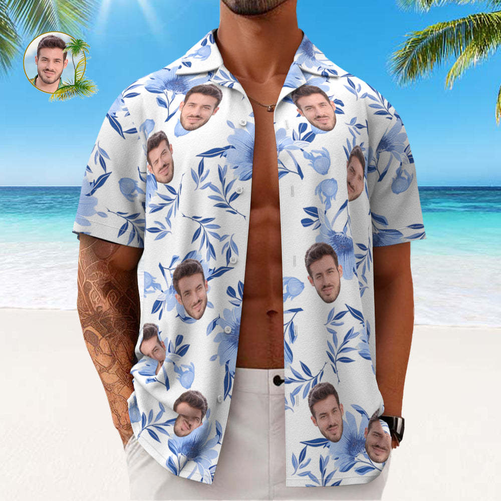 Custom Face All Over Print Men's Hawaiian Shirt Blue Leaves Gift for Him - MyFaceSocksAu