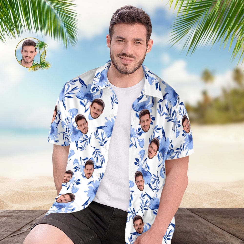 Custom Face All Over Print Men's Hawaiian Shirt Blue Leaves Gift for Him - MyFaceSocksAu