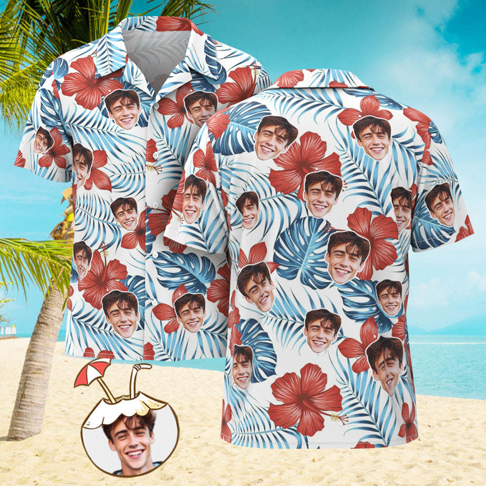 Custom Men's Shirt Face All Over Print Hawaiian Shirt White Hibiscus - MyFaceSocksAu