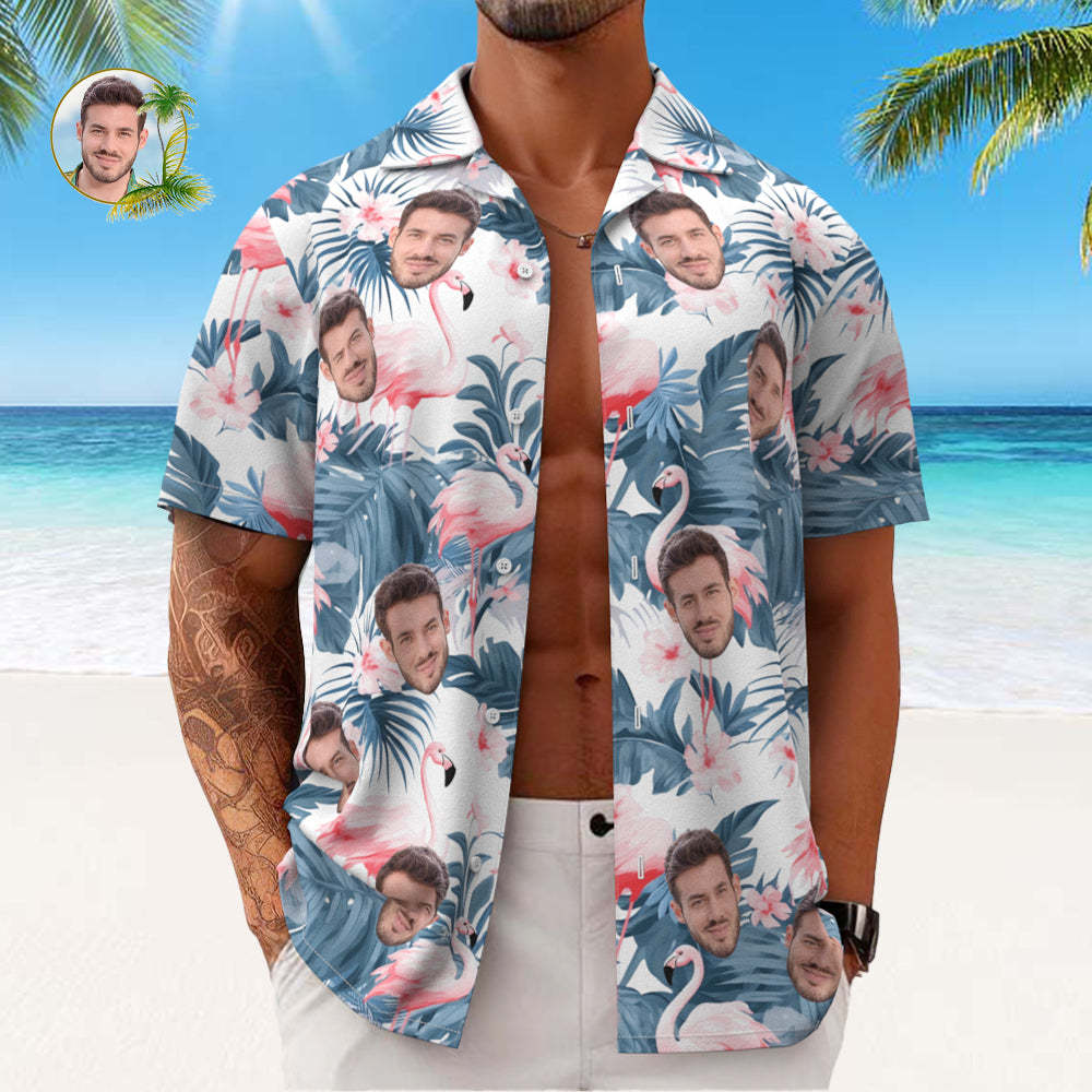 Custom Face All Over Print Men's Hawaiian Shirt Flamingo and Flowers Blue Leaves - MyFaceSocksAu