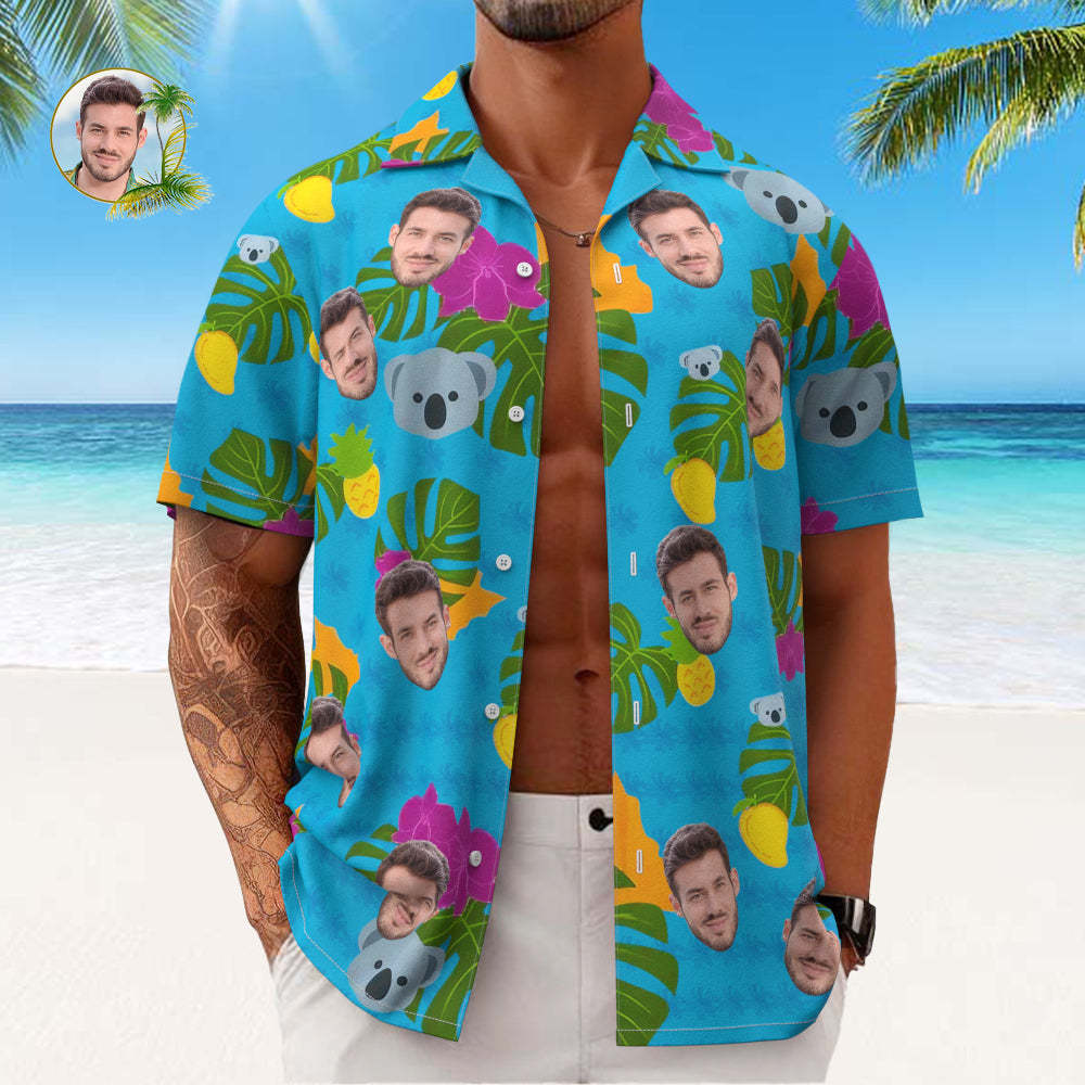 Custom Face All Over Print Men's Hawaiian Shirt Cute Koala and Leaves Gift for Him - MyFaceSocksAu