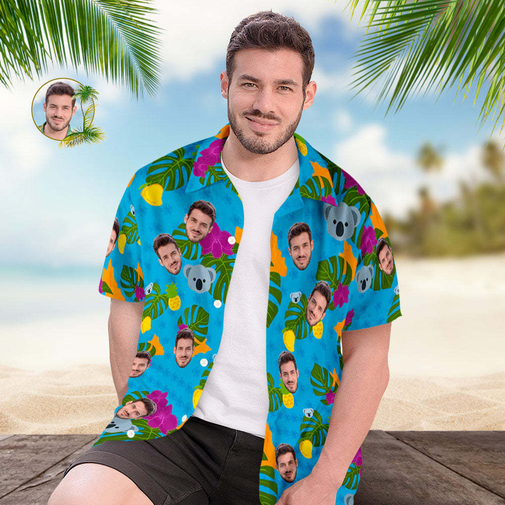 Custom Face All Over Print Men's Hawaiian Shirt Cute Koala and Leaves Gift for Him - MyFaceSocksAu