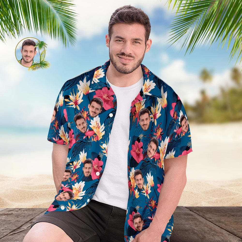 Custom Face All Over Print Men's Hawaiian Shirt Pink Flowers and Monstera Deliciosa - MyFaceSocksAu