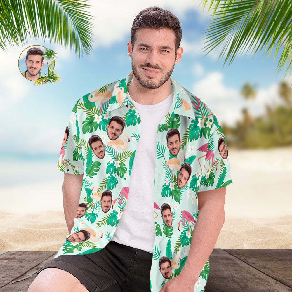Custom Men's Shirt Face All Over Print Hawaiian Shirt Green Leaves and Flamingo - MyFaceSocksAu