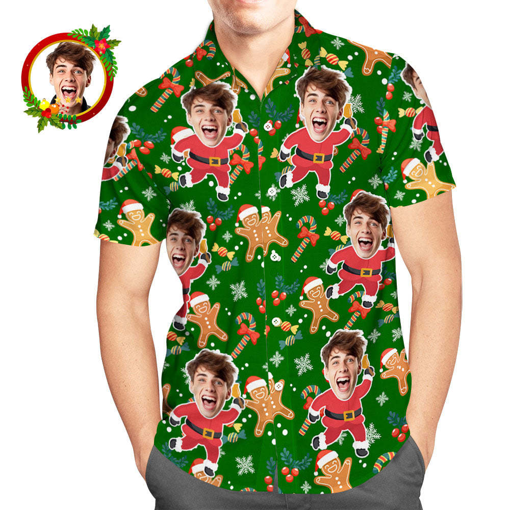 Custom Face Hawaiian Shirt Santa Gingerbread Man Men's Christmas Shirts - MyFaceSocksAu