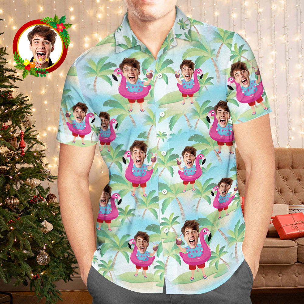 Custom Face Hawaiian Shirt Santa Claus With Flamingo Funny Aloha Men's Christmas Shirts - MyFaceSocksAu