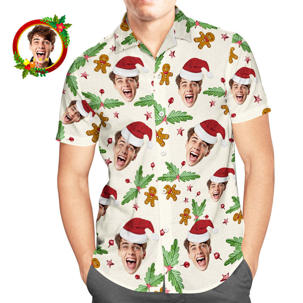 Custom Face Hawaiian Shirt Candy Cane Gingerbread Men's Christmas Shirts - MyFaceSocksAu