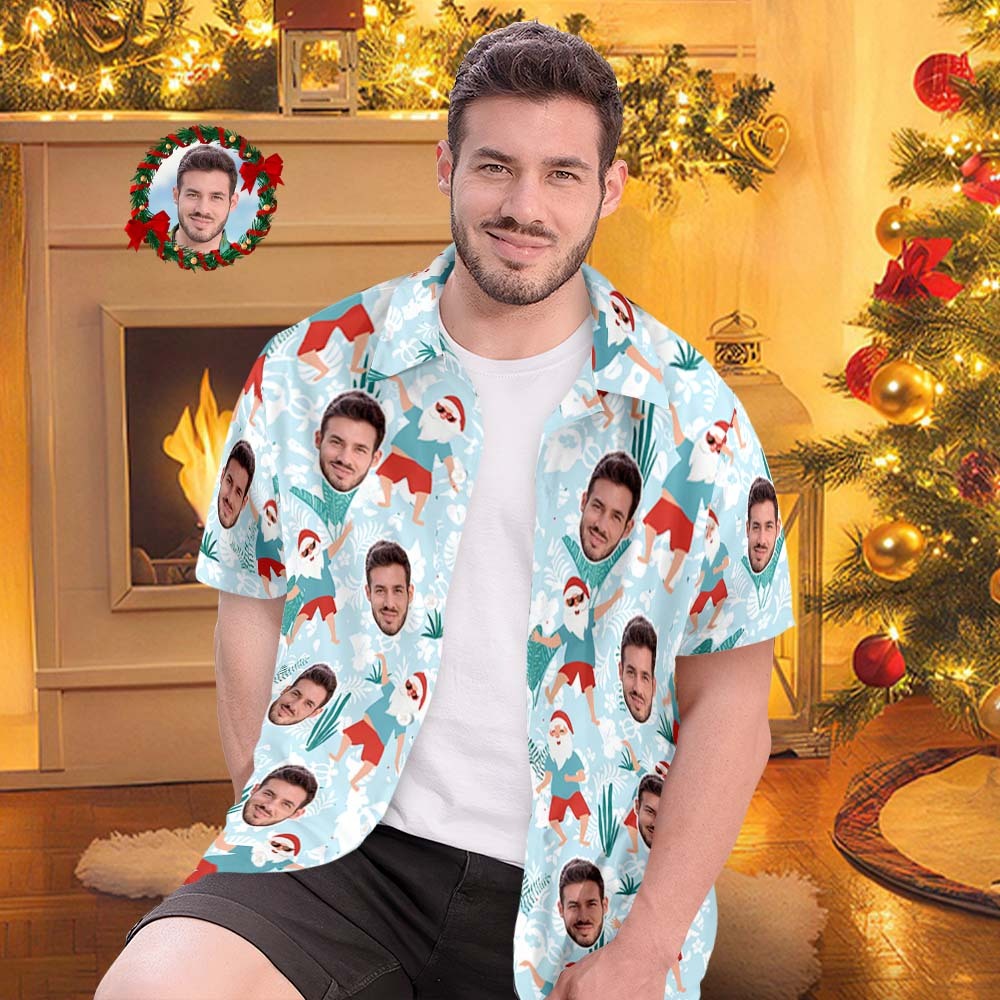 Custom Face All Over Print Men's Hawaiian Shirt Cheerful Dancing Santa Christmas Hawaiian Shirt - MyFaceSocksAu