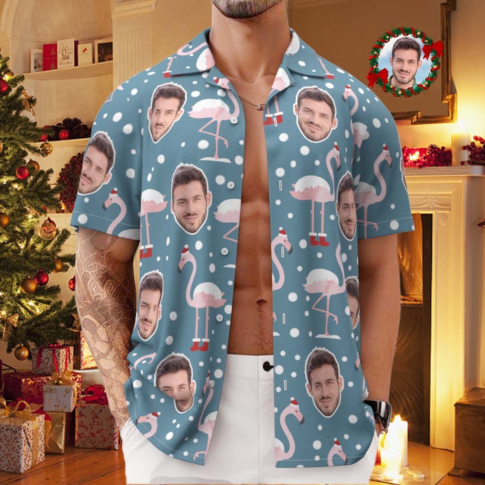 Custom Face All Over Print Men's Hawaiian Shirt Flamingo In Santa Hat Christmas Shirt - MyFaceSocksAu