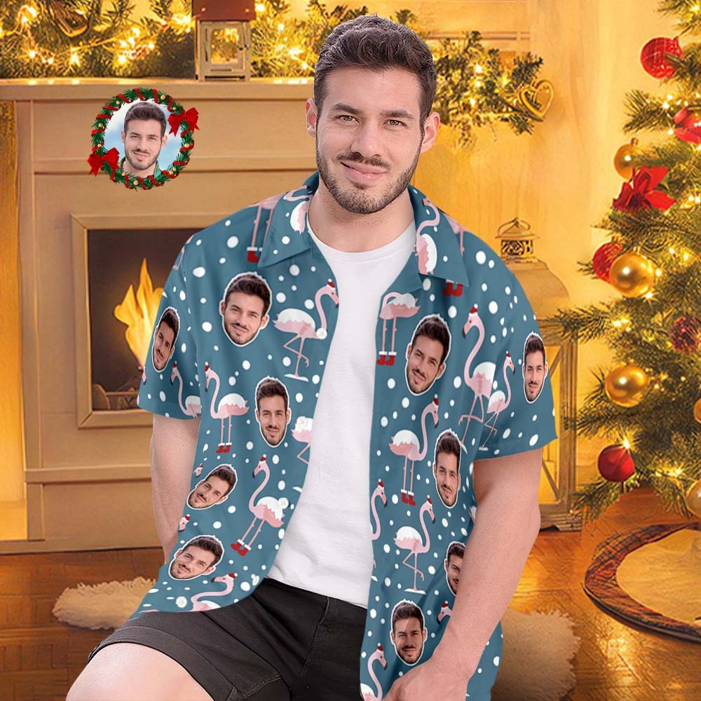 Custom Face All Over Print Men's Hawaiian Shirt Flamingo In Santa Hat Christmas Shirt - MyFaceSocksAu