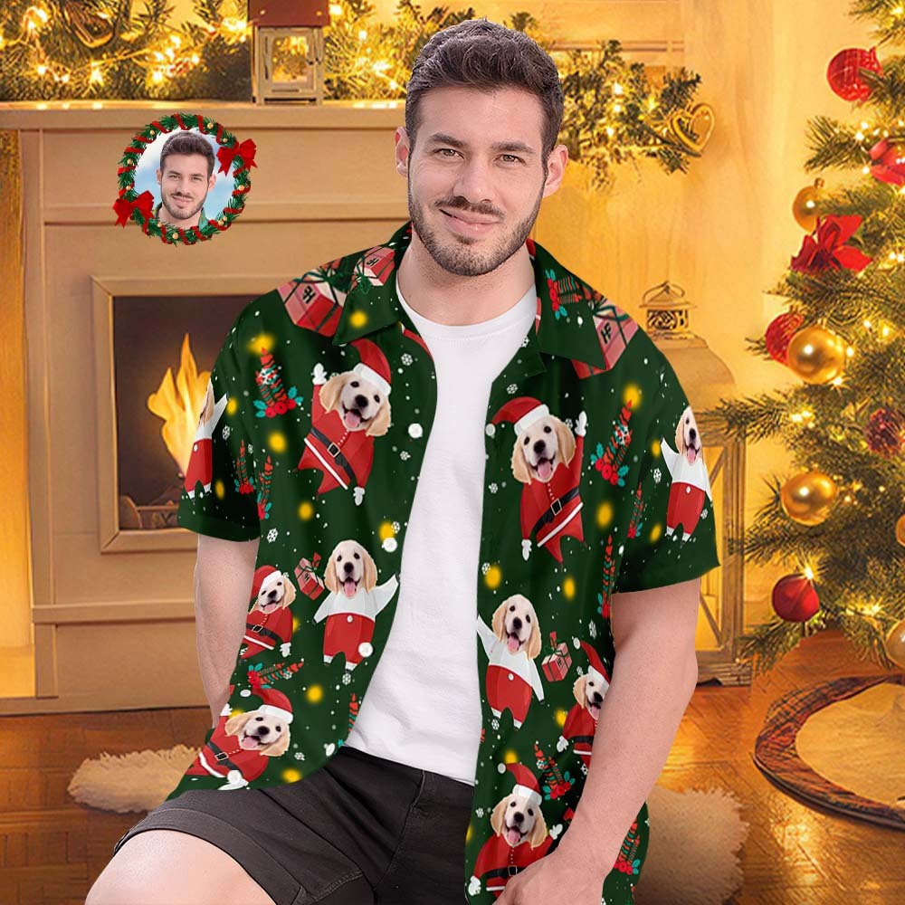 Custom Face All Over Print Men's Hawaiian Shirt The Pug Santa Custom Hawaiian Shirt - MyFaceSocksAu