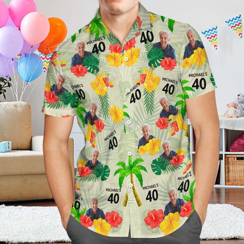 Custom Date and Name Birthday Face Hawaiian Shirt Red Flower and Palm Tree Hawaiian Shirt