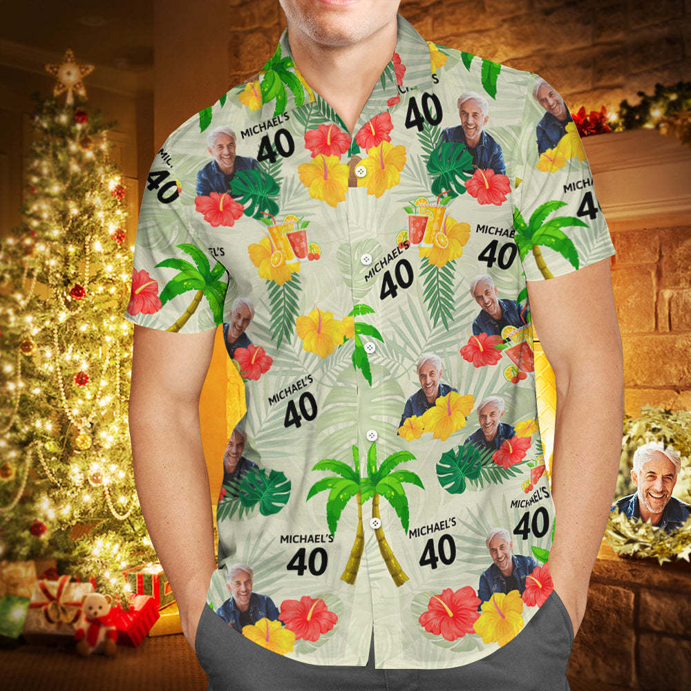 Custom Your Own Face Birthday Hawaiian Shirt Custom Date and Name Yellow Flower and Palm Tree Shirt - MyFaceSocksAu