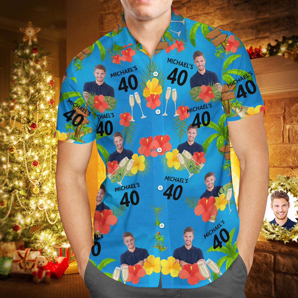 Custom Your Own Face Birthday Hawaiian Shirt Custom Date and Name Yellow and Red Flowers Shirt - MyFaceSocksAu