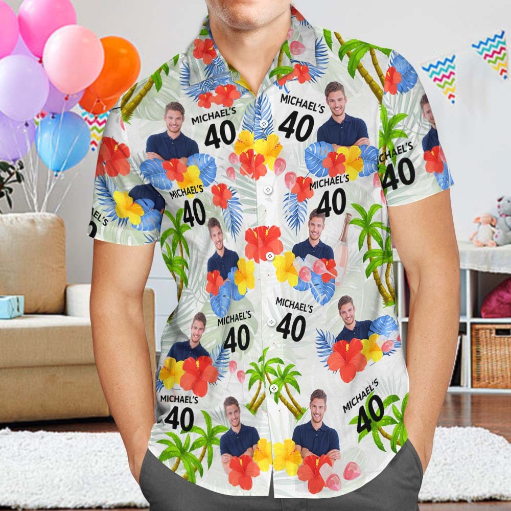 Custom Date and Name Birthday Face Hawaiian Shirt Red Flower and Palm Tree Hawaiian Shirt