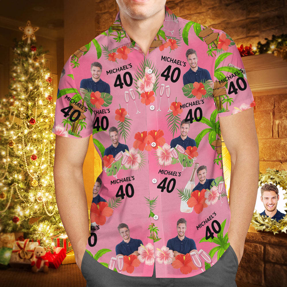Custom Pink Date and Name Birthday Face Hawaiian Shirt Red Flower and Coconut Tree Hawaiian Shirt - MyFaceSocksAu