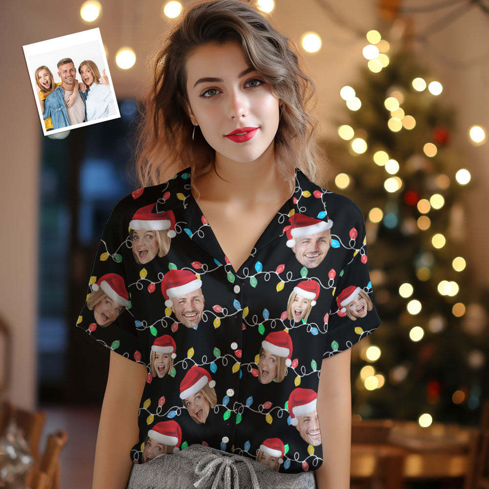 Custom Face Women's Hawaiian Shirts Personalized Photo Christmas Family Xmas Leds Aloha Shirts - MyFaceSocksAu
