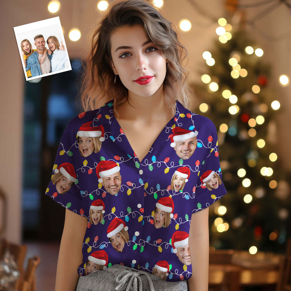Custom Face Women's Hawaiian Shirts Personalized Photo Christmas Family Xmas Leds Aloha Shirts - MyFaceSocksAu